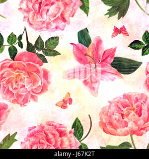 Un modèle avec fond transparent aquarelle rose, Lily, et de pivoines en fleurs, avec les papillons, peintes à la main dans le style de botanique vintage Banque D'Images