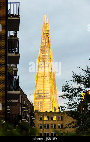 Le tesson de verre spectaculaire tour illuminée par la lumière du soleil du soir, Southwark. London, UK Banque D'Images