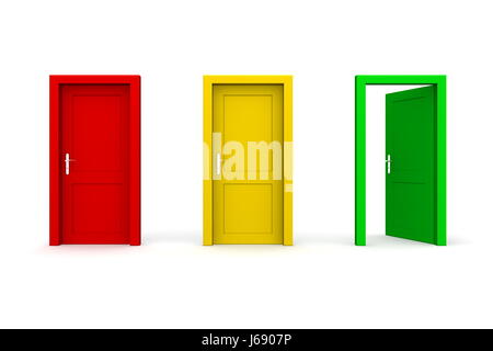 Porte Verte ligne fermée portes ouvertes débouchez rouge jaune vert isolé de l'objet de nouvelles Banque D'Images