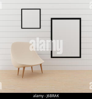 Cadre photo maquette avec petite chaise en 3D Rendering Banque D'Images