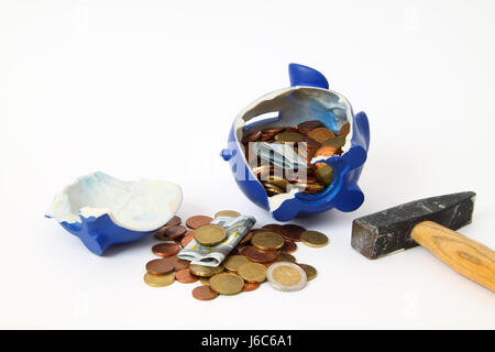 Euros tirelire cassée changer traîneaux gavel hammer argent prêts bancaires Banque D'Images
