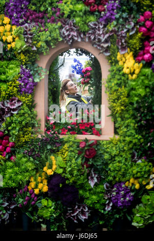 Becky Frost décide des arrangements floraux sur les marques et Spencer afficher durant les préparatifs de la RHS Chelsea Flower Show 2017 au Royal Hospital Chelsea à Londres. Banque D'Images