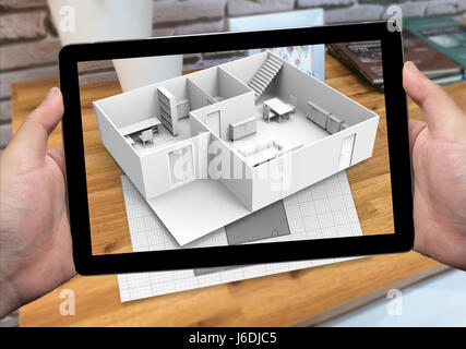 Concept de marketing de la réalité augmentée pour l'architecture. Hand holding tablet avec AR pour simuler l'application interactive popup 3d prix des cartes pour la vie. 3d Banque D'Images