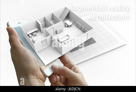 Concept de marketing de la réalité augmentée pour l'architecture. Hand holding smart phone avec AR pour simuler l'application popup 3d pièce interactive maps à la vie Banque D'Images