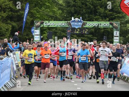 Porteur sur le tout premier marathon de Stirling à partir de Blair Drummond Safari Park, sur un itinéraire qui prend les 6500 coureurs via le pont de Dunblane et Allan, avant de finir au château de Stirling. Banque D'Images