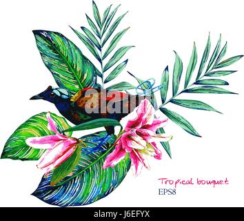 Bouquet Tropical. La forêt de feuilles exotiques calathea. Aquarelle fait main vector, isolé sur fond blanc. Composition florale pour votre conception. Illustration de Vecteur