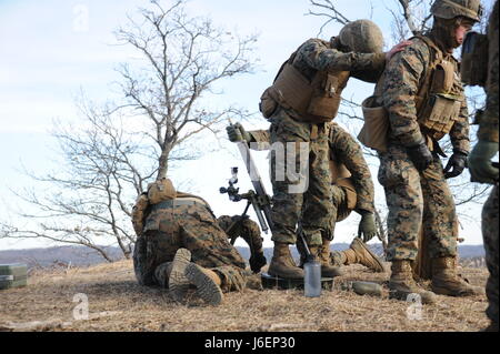 Une unité avec le mortier des Marines américains Fox compagnie, 2e Bataillon, 24e Marines de la 23e Régiment de Marines de la 4e Division de marines de forêt un mortier à Fort McCoy, Wisconsin le 11 mars 2017. Fox Company, basée à Milwaukee, se préparait pour l'avenir de la certification de la guerre des tranchées à lieu à la Marine Corps Air Ground Combat Center à vingt neuf Palms, California. Photo par Jamal Wilson Banque D'Images