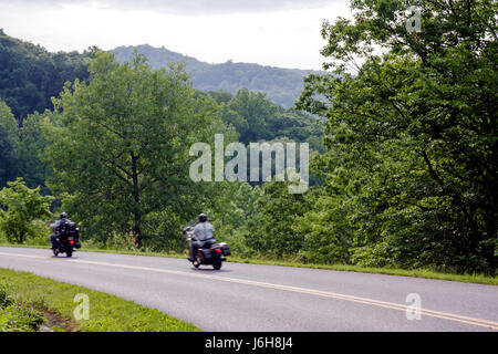 Blue Ridge Parkway Virginia,Appalachian Mountains,nature,paysage,naturel,arbres,lignes jaunes,motocyclettes,vélo,motards vélos, Banque D'Images