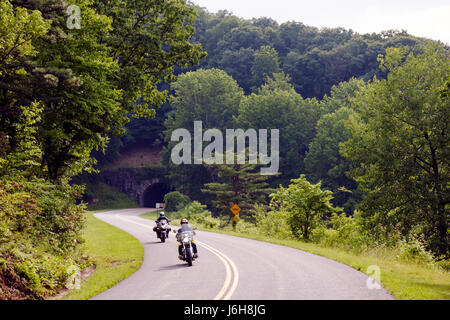 Blue Ridge Parkway Virginia,Appalachian Mountains,nature,paysage,naturel,arbres,courbe,lignes jaunes,moto,vélo,bicyclette vélo vélo vélo vélo,bicycl Banque D'Images