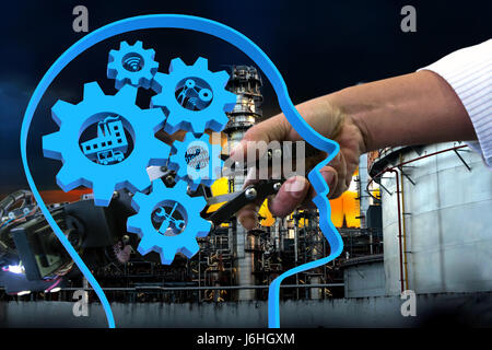 4.0 Systèmes industriels Cyber concept physique, tête humaine avec les engrenages du cerveau et bleu industry4.0 icones et Robot et humain Engineerer holding hand avec Banque D'Images