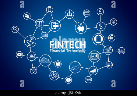 Fintech concept. Icônes de la technologie financière, Banque mondiale , devises , graphique , téléphone intelligent , investissement , Tableau , technique , réseau cloud interne Banque D'Images