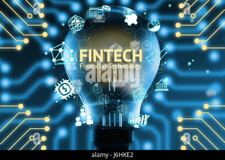 Fintech concept . Icônes de la technologie financière et banque . Ampoule Lumière , Infographie , textes et d'icônes. Les circuits électriques avec graphiques blue background Banque D'Images