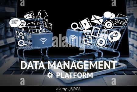 La plate-forme de gestion des données CRM marketing concept.Deux caddies sur smart phone portable dans une boutique historique Banque D'Images