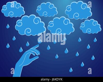 La main de l'homme touchant une goutte de pluie, stylisées vector illustration conceptuelle Illustration de Vecteur