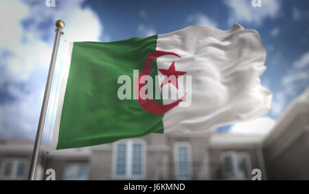 L'Algérie Flag 3D Rendering sur fond bleu Sky Building Banque D'Images