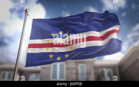 Cap-vert Flag 3D Rendering sur fond bleu Sky Building Banque D'Images