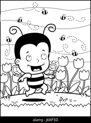 Une bonne caricature bee kid en jardin de fleurs. Illustration de Vecteur