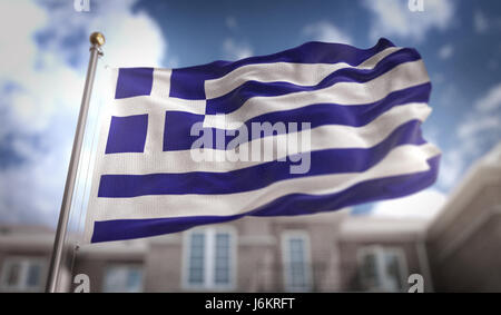 Drapeau de la Grèce le rendu 3D sur fond bleu Sky Building Banque D'Images