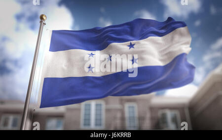 United States Flag 3D Rendering sur fond bleu Sky Building Banque D'Images