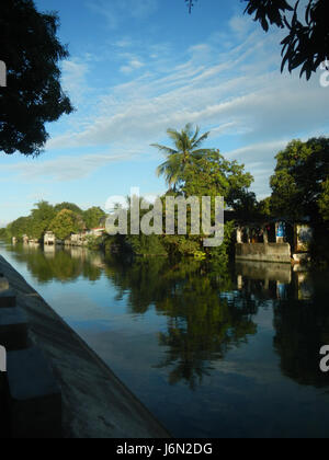 Une vue sur les rizières, les prairies, les arbres et les maisons le long des canaux d'irrigation à Sabang, Baliuag, Bulacan, avec des ponts routiers traversant le paysage agricole. La région est connue pour sa riche agriculture et ses infrastructures rurales. Banque D'Images