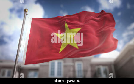 Vietnam Flag 3D Rendering sur fond bleu Sky Building Banque D'Images