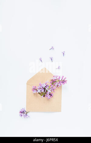 Blog beauté concept. Couleur lilas. Accessoires de style féminin : ordinateur portable, lunettes de soleil, bijouterie, cosmétiques et fleurs lilas sur fond blanc. Banque D'Images