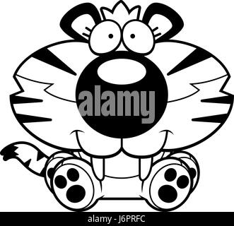 Un cartoon illustration d'un tigre à dents de sabre assis et souriant. Illustration de Vecteur