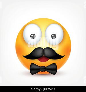 Smiley emoticon souriant,avec moustache. Avant jaune avec des émotions. L'expression du visage. Emoji 3D réaliste. Funny cartoon character.l'humeur. L'icône Web. Vector illustration. Illustration de Vecteur