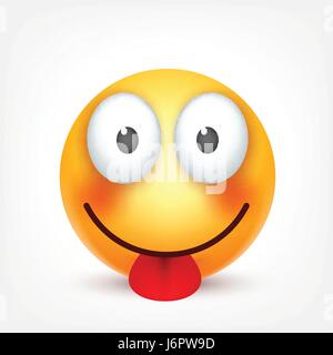 Smiley emoticon souriant,avec la langue. Avant jaune avec des émotions. L'expression du visage. Emoji 3D réaliste. Funny cartoon character.l'humeur. L'icône Web. Vector illustration. Illustration de Vecteur