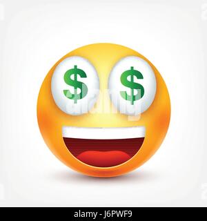 ,Smiley emoticon souriant,dollar. Avant jaune avec des émotions. L'expression du visage. Emoji 3D réaliste. Funny cartoon character.l'humeur. L'icône Web. Vector illustration. Illustration de Vecteur