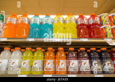 Bouteilles de Gatorade aromatisés différents en vente sur les étagères d'une épicerie Banque D'Images