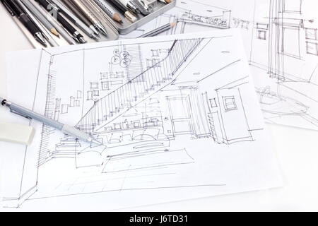 Croquis de graphique les designers d'intérieur et meubles de salon avec divers outils de dessin plan Banque D'Images