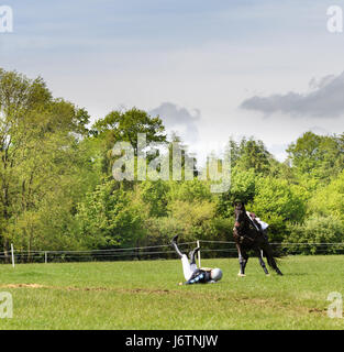 Le château de Rockingham, Corby, Royaume-Uni. 21 mai, 2017. Un cavalier et son cheval partie company après avoir frappé un triple obstacle journal lors d'une journée ensoleillée au cours de la phase de cross-country du Rockingham International Horse Trials dans le parc du château normand à Rockingham, Corby, l'Angleterre le 21 mai 2017. Credit : miscellany/Alamy Live News Crédit : miscellany/Alamy Live News Banque D'Images