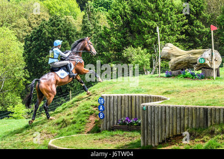 Le château de Rockingham, Corby, Royaume-Uni. 21 mai, 2017. Izzy Taylor et son cheval Zippi Jazzman courir en montée vers un obstacle journal lors d'une journée ensoleillée au cours de la phase de cross-country du Rockingham International Horse Trials dans le parc du château normand à Rockingham, Corby, l'Angleterre le 21 mai 2017. Credit : miscellany/Alamy Live News Banque D'Images