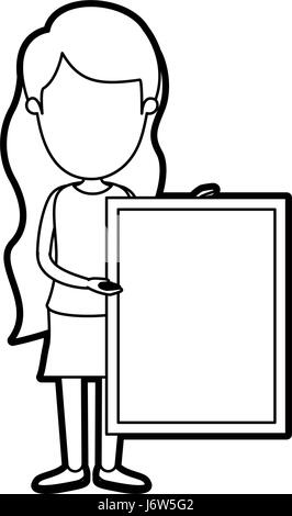 Caricature contour épais corps plein sans visage femme tenant un carré poster Illustration de Vecteur