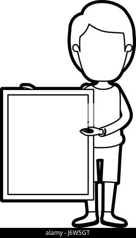 Caricature contour épais corps plein sans visage homme tenant un carré poster Illustration de Vecteur