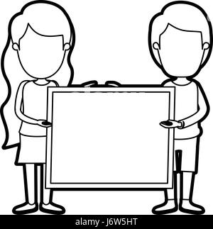 Caricature contour épais corps plein sans visage couple holding un carré poster Illustration de Vecteur