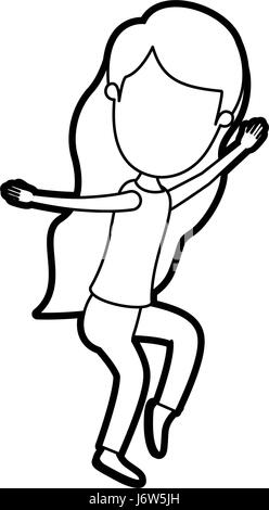 Caricature contour épais corps plein sans visage femme à la longue chevelure ondulée dancing Illustration de Vecteur