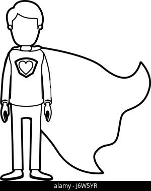 Caricature contour épais corps plein sans visage guy super héros avec symbole coeur en uniforme Illustration de Vecteur