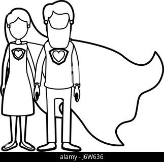 Caricature contour épais corps plein sans visage parents couple avec de super héros et les uniformes Illustration de Vecteur
