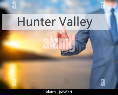 Hunter Valley - Businessman hand appui bouton sur l'interface de l'écran tactile. Le commerce, la technologie, internet concept. Stock Photo Banque D'Images