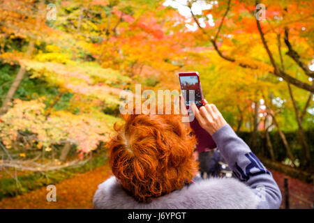 Une femme prend une photo de la les feuilles d'automne à Kyoto, au Japon. Banque D'Images