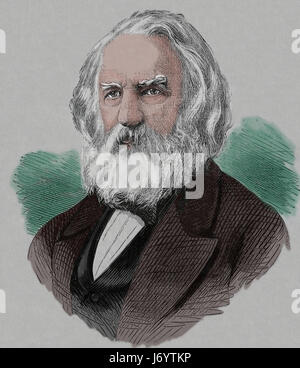 Henry Wadsworth Longfellow (1807-1882). Le poète américain et éducateur. La gravure, notre siècle, 1883. Edition espagnol. Banque D'Images