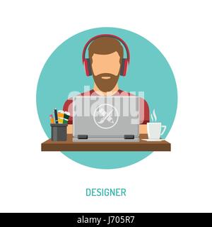 Designer freelancer working on laptop Illustration de Vecteur