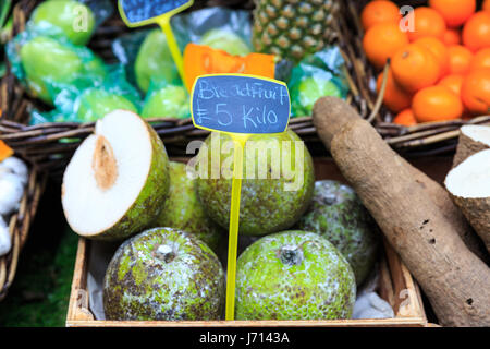 Les fruits de l'arbre à pain à la vente à un décrochage du marché, marché de Brixton, dans le sud de Londres Banque D'Images