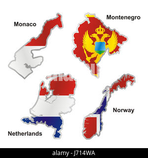 Norvège Pays-Bas drapeau monaco atlas des cartes carte du monde monnaie isolée Banque D'Images