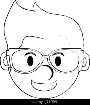 Silhouette floue monochrome avec cartoon face smiling man avec des lunettes et la coiffure Illustration de Vecteur