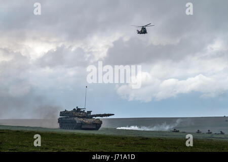 Un exercice militaire de l'OTAN au champ de tir de Smardan en Roumanie Un tir de char TR-85 roumain tandis que l'ensemble de l'unité charge la ligne ennemie pendant l'exercice militaire de l'OTAN « Wind Spring -15 » au champ de tir de Smardan, à 260 kilomètres au nord-est de Bucarest, en Roumanie. Banque D'Images