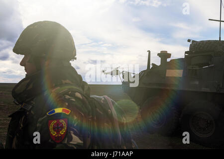 Les soldats courent pour une nouvelle position tout en étant défendus par des chars roumains et un hélicoptère d'attaque lors de l'exercice militaire de l'OTAN « Wind Spring -15 » au champ de tir de Smardan. Banque D'Images