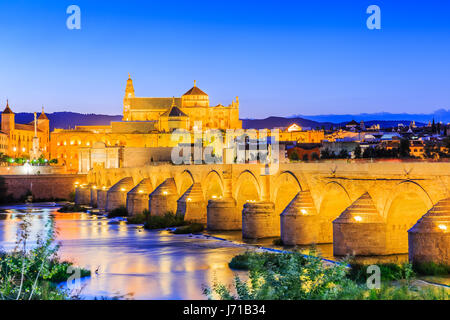 Cordoue, Espagne. Le pont romain et de la mosquée (cathédrale) sur la rivière Guadalquivir. Banque D'Images